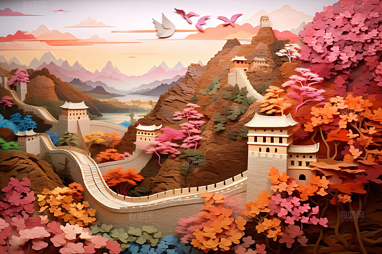 国潮长城中国风工笔画剪纸