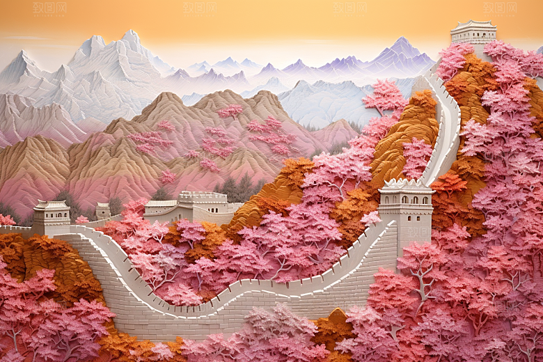 国潮长城层次立体剪纸