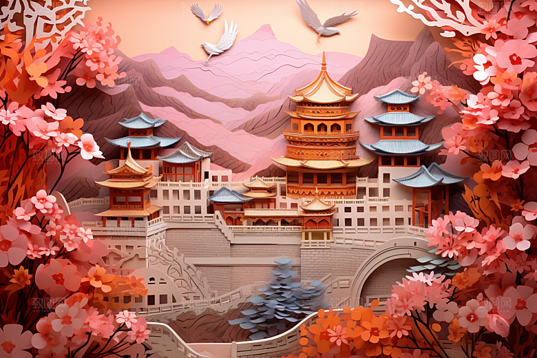 国潮长城立体工笔画剪纸