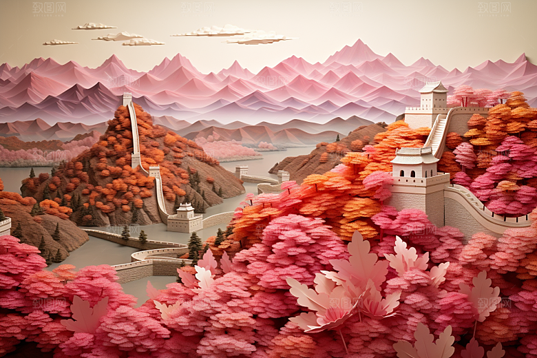 国潮长城山水工笔画剪纸