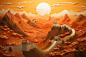 国潮长城中国风工笔画剪纸