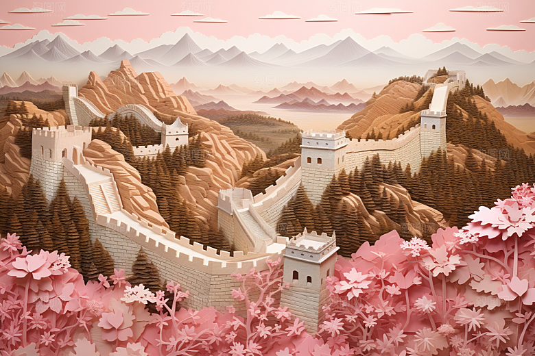 国潮长城中国风山水剪纸