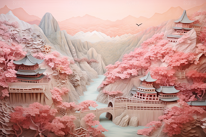 国潮长城精致工笔画剪纸