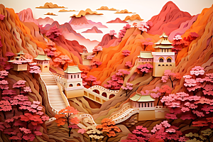 国潮长城工笔画艺术剪纸