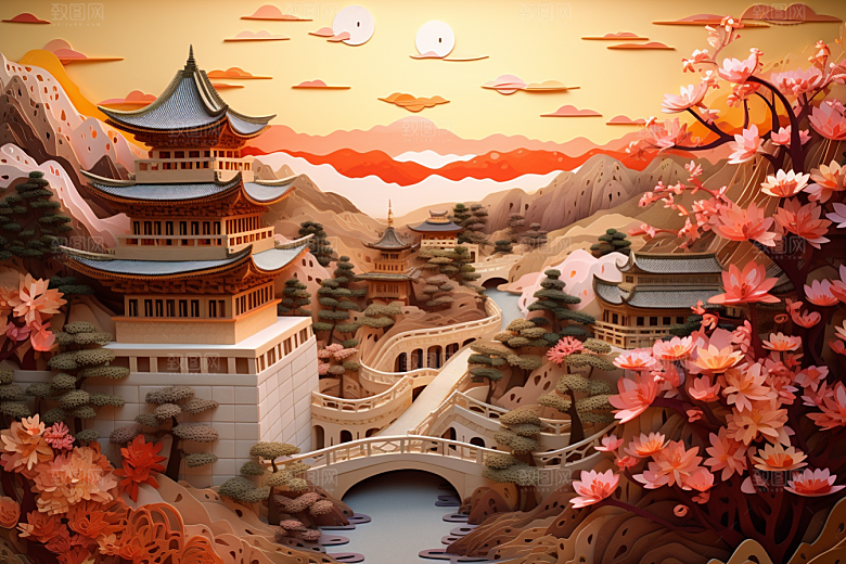 国潮长城山水中国风剪纸