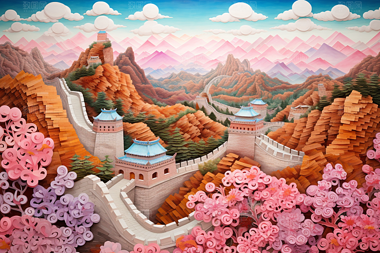 国潮长城中国风工笔画剪纸