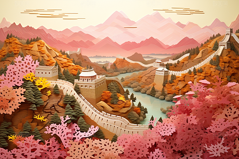 国潮长城层次立体剪纸