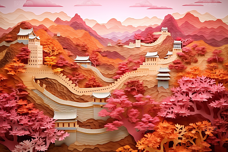 国潮长城层次中国风剪纸