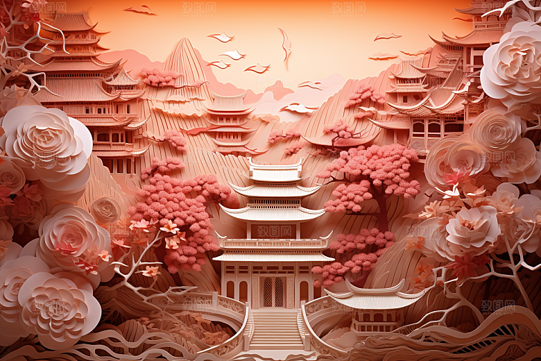 国潮长城山水艺术剪纸