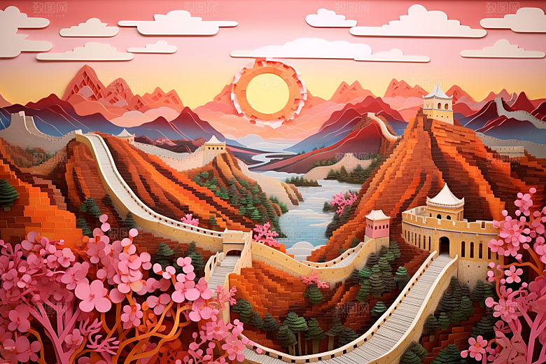 国潮长城中国风山水剪纸