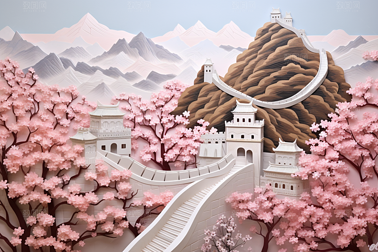 国潮长城精致山水剪纸