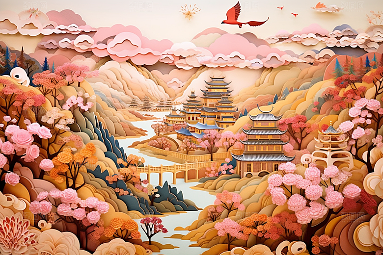 国潮长城艺术工笔画剪纸
