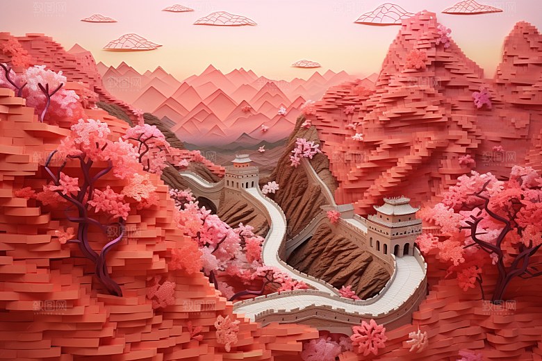 国潮长城风光山水剪纸