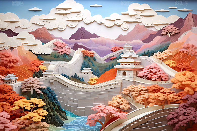 国潮长城风光艺术剪纸