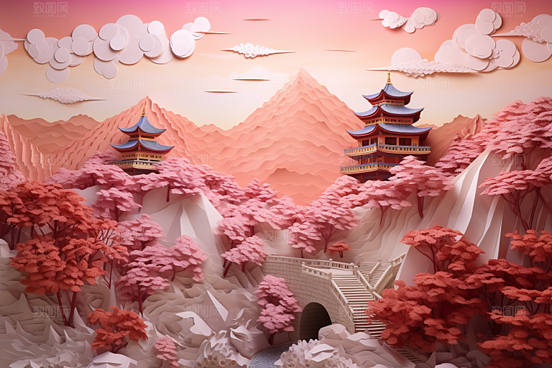 国潮长城立体山水剪纸