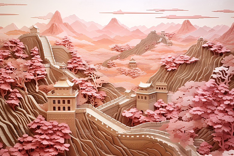 国潮长城工笔画立体剪纸