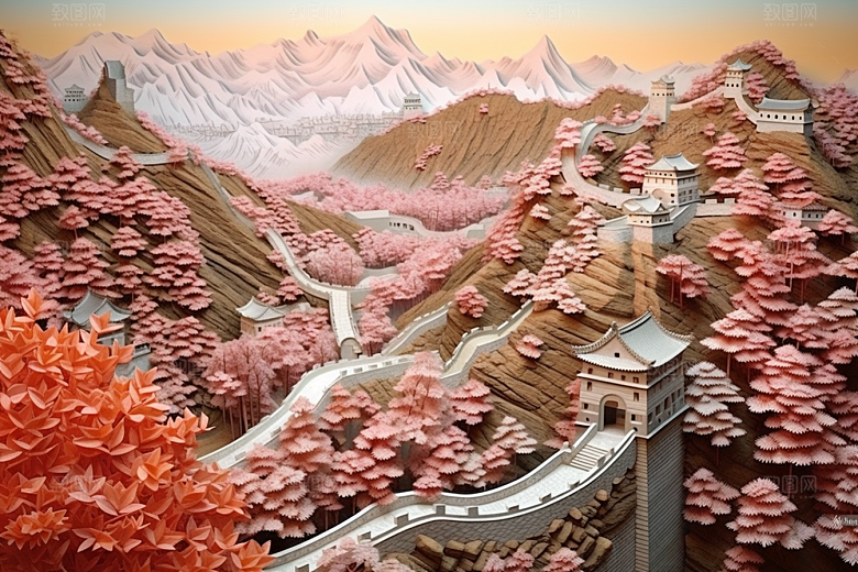 国潮长城层次风光剪纸