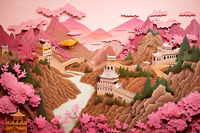 国潮长城艺术山水剪纸