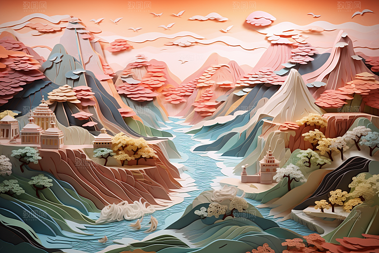 国潮长城工笔画立体剪纸