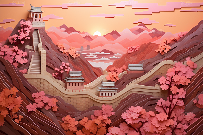 国潮长城工笔画层次剪纸