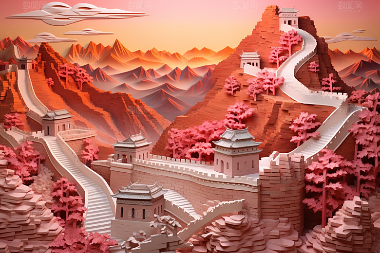 国潮长城精致山水剪纸