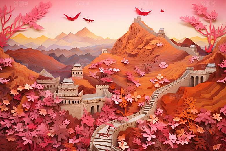 国潮长城风光山水剪纸
