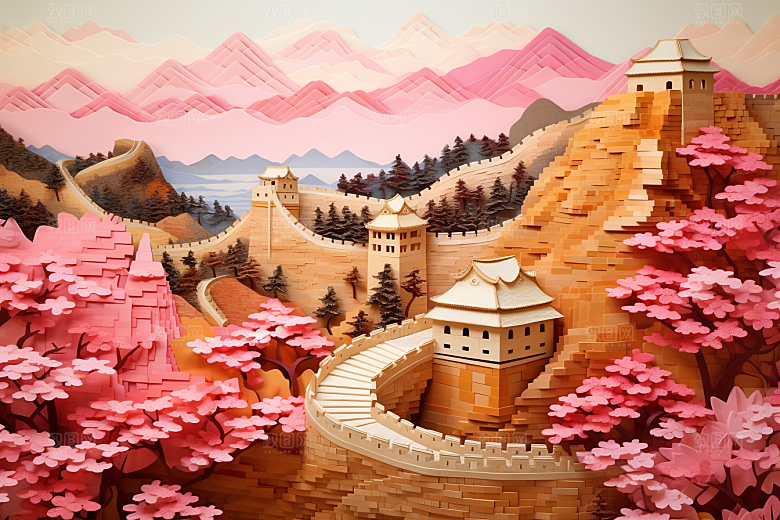 国潮长城工笔画层次剪纸