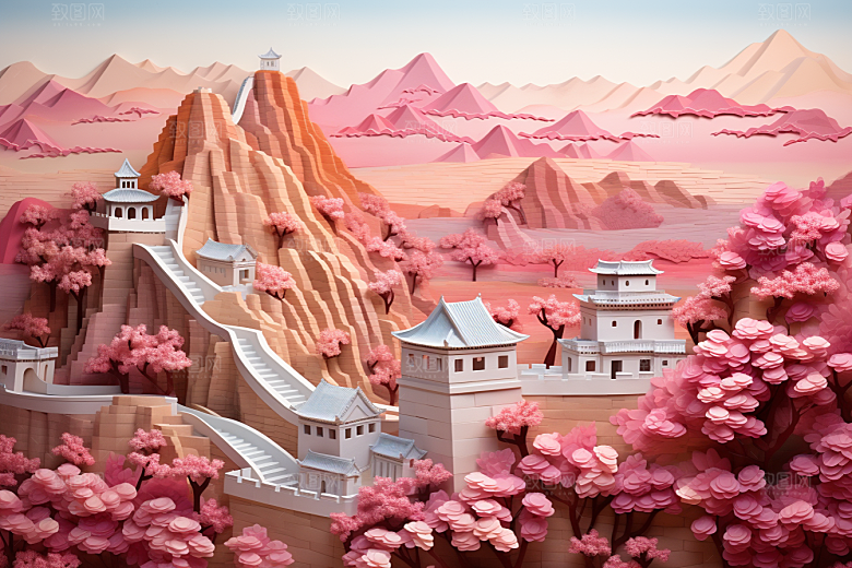 国潮长城山水风光剪纸