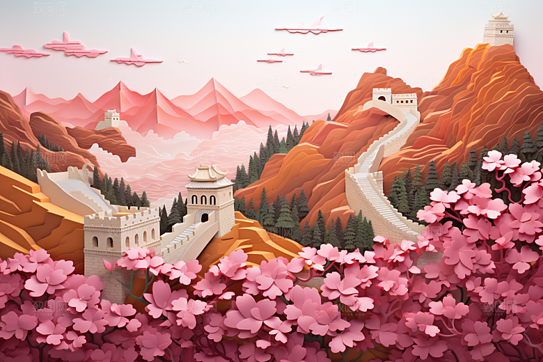 国潮长城立体工笔画剪纸
