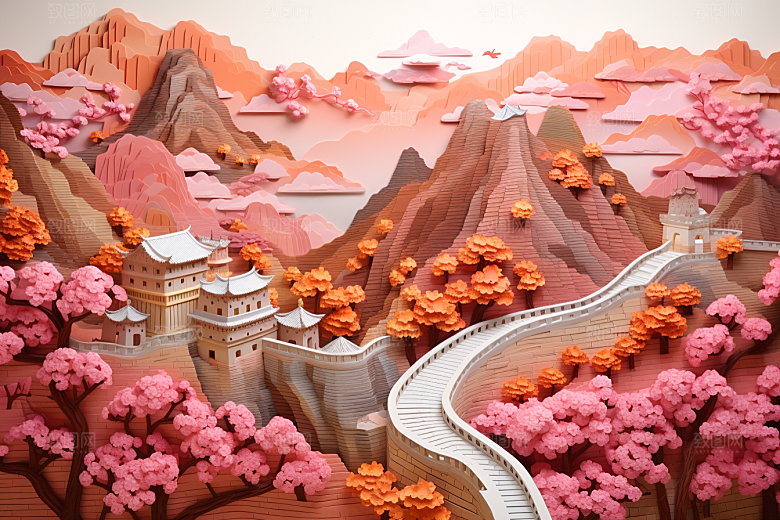 国潮长城精致山水剪纸