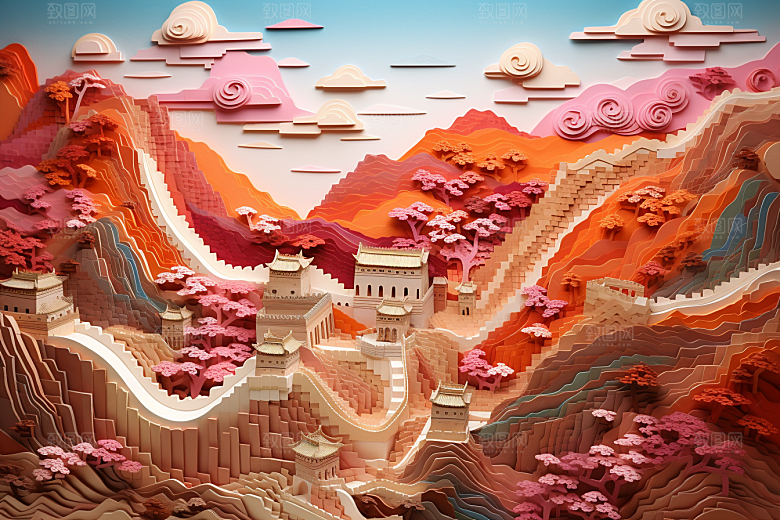 国潮长城工笔画山水剪纸
