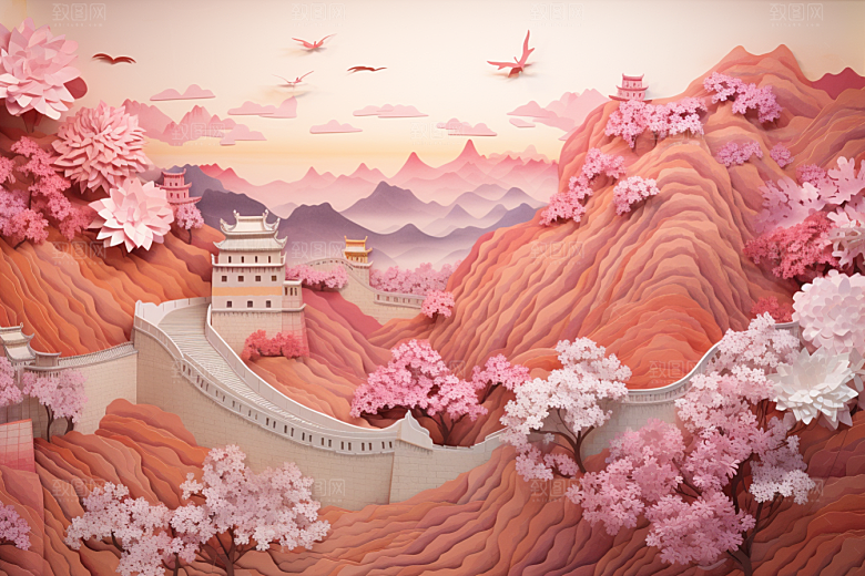 国潮长城中国风工笔画剪纸