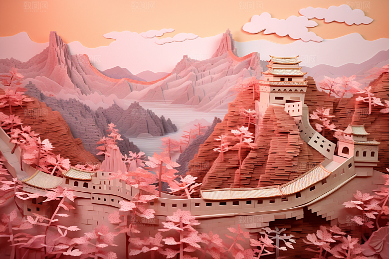 国潮长城新中式山水剪纸