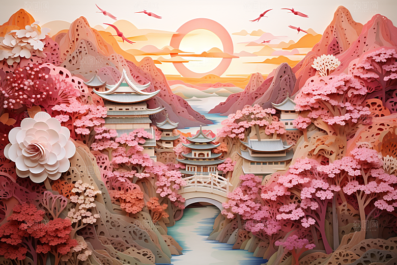 国潮长城山水立体剪纸