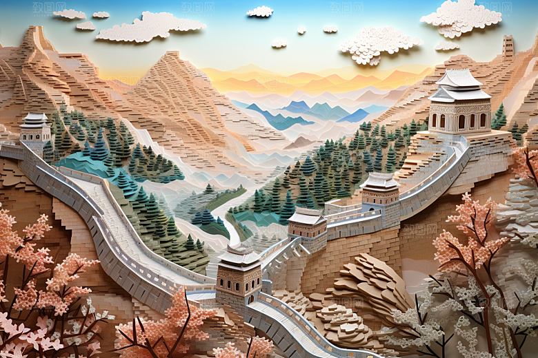 国潮长城风光山水剪纸