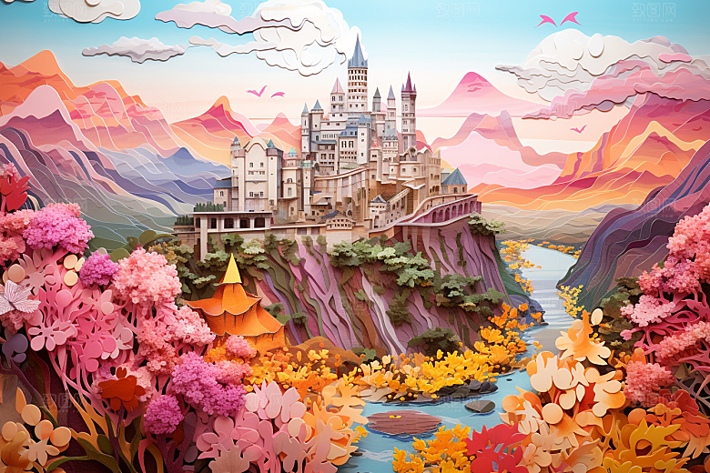 国潮长城山水工笔画剪纸