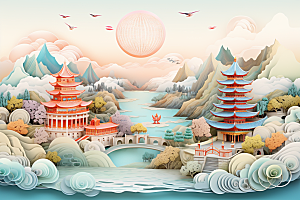 国潮长城新中式层次剪纸
