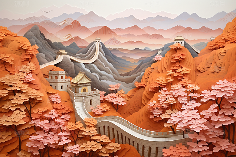 国潮长城中国风山水剪纸