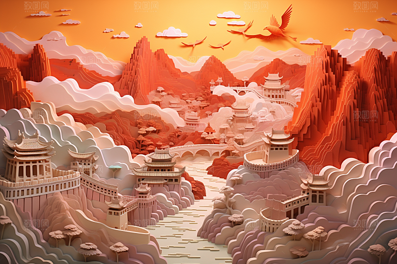 国潮长城精致风光剪纸