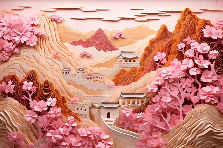 国潮长城立体山水剪纸