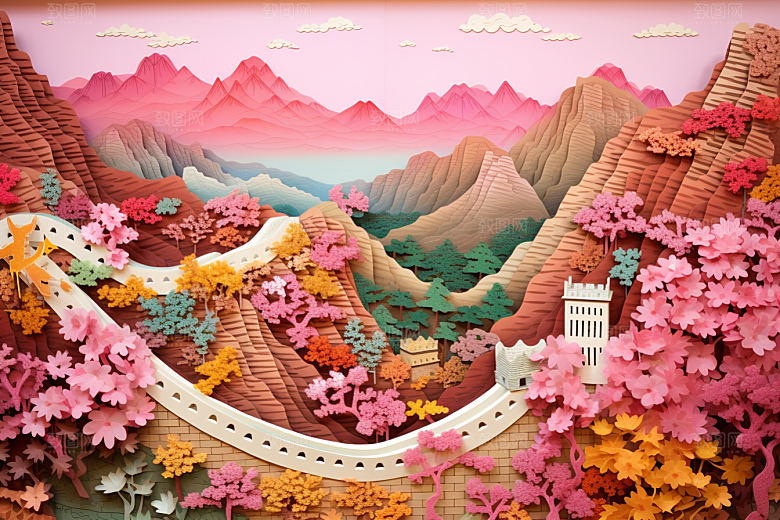 国潮长城立体山水剪纸