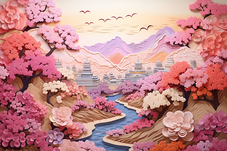 国潮长城立体山水剪纸