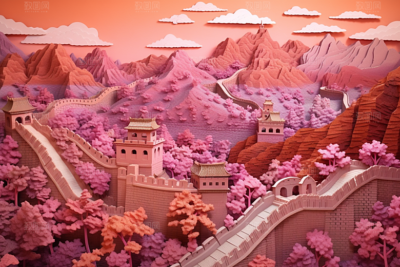国潮长城工笔画精致剪纸