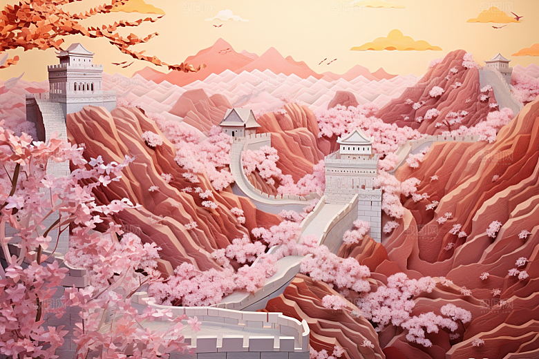 国潮长城工笔画立体剪纸