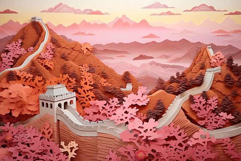 国潮长城层次山水剪纸