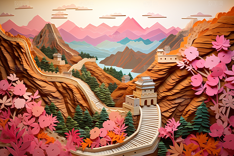 国潮长城立体风光剪纸