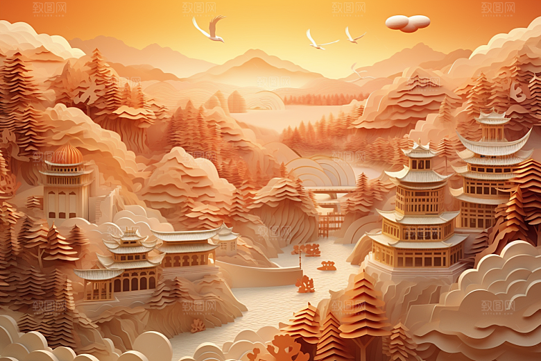 国潮长城层次立体剪纸