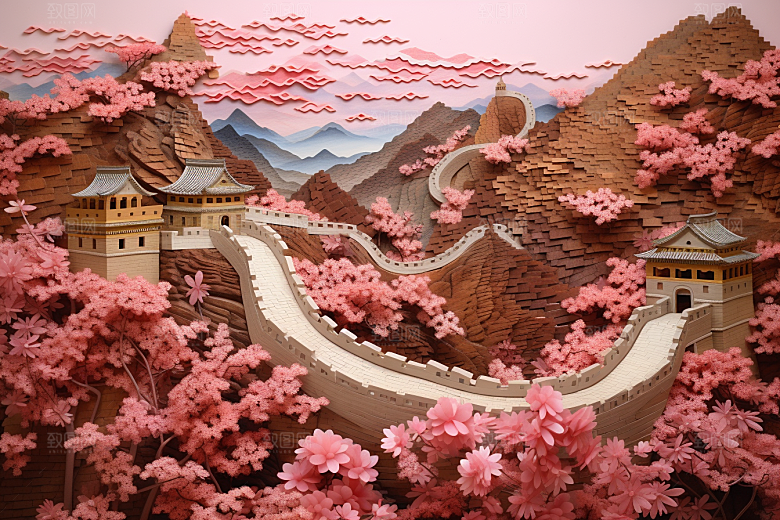 国潮长城工笔画立体剪纸