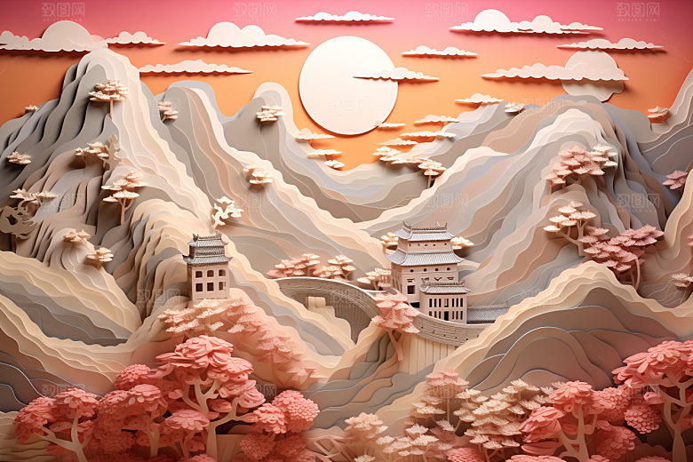 国潮长城中国风山水剪纸