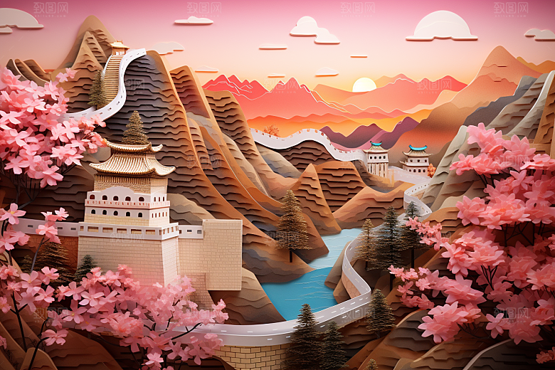 国潮长城山水工笔画剪纸